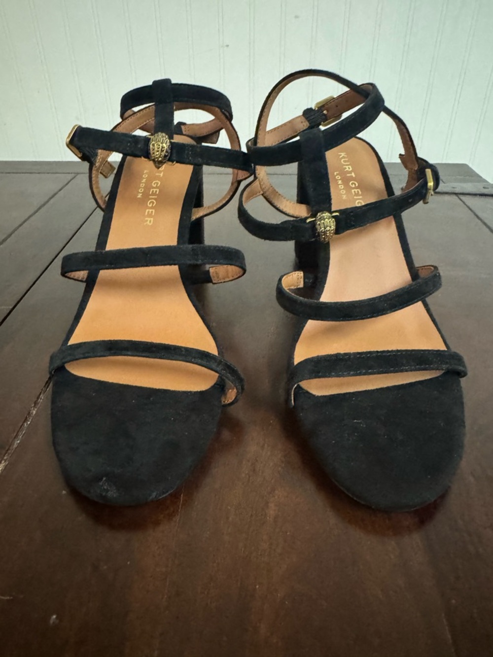 Kurt Geiger Black Strappy Velvet Block Heel Sandal with Gold Accents - Picture 2 of 7
